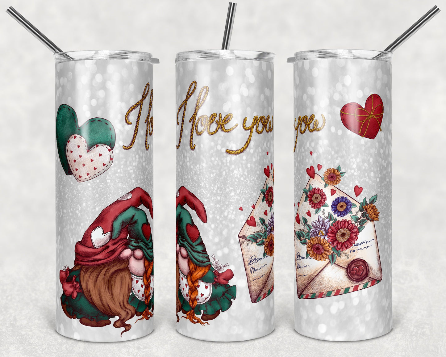 20 oz Skinny Tumbler Sublimation Design Template Gnome Valentines Day glitter Floral Love Straight Design tumblers