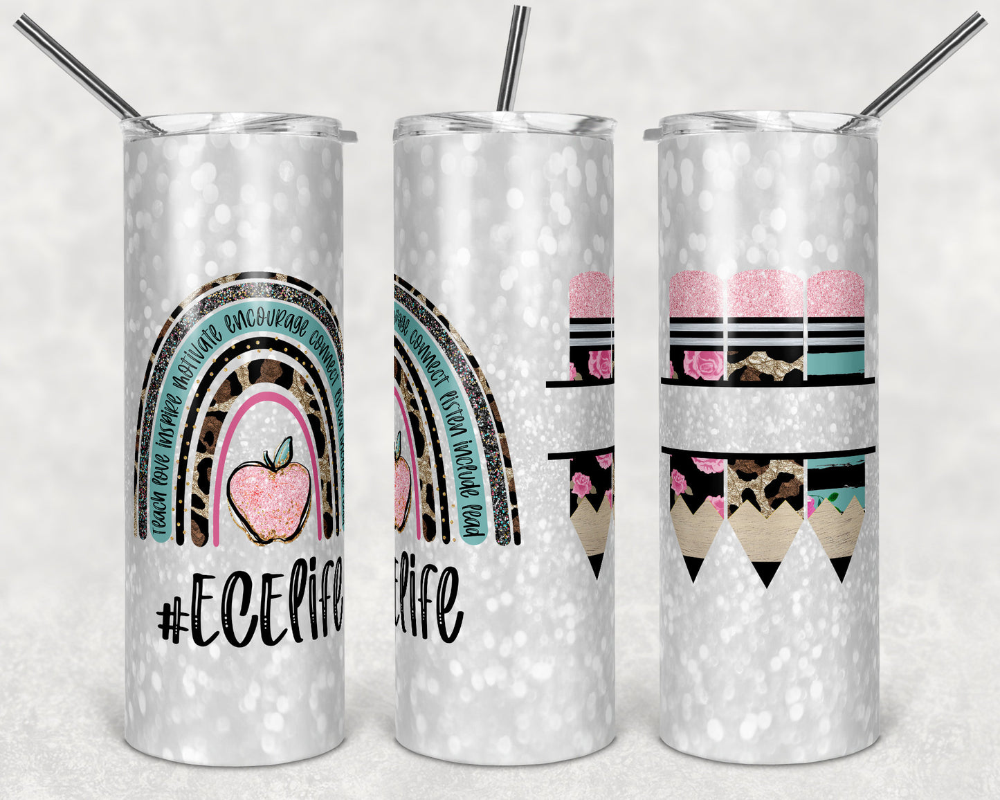 20 oz Skinny Tumbler Rainbow Glitter Ece Life Teacher Tumbler Pencil Monogram Sublimation Design