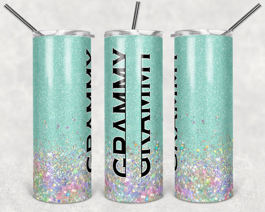 20 oz Skinny Tumbler Sublimation Design Glitter Mint Split Grammy Hollographic add names Straight Warped Design