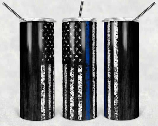 20 oz Skinny Tumbler Sublimation Design Template Blue Line Police Flag distressed Straight Design