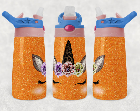 Kids flip top water bottles Sublimation Design Template Glitter Unicorn Orange Tumbler