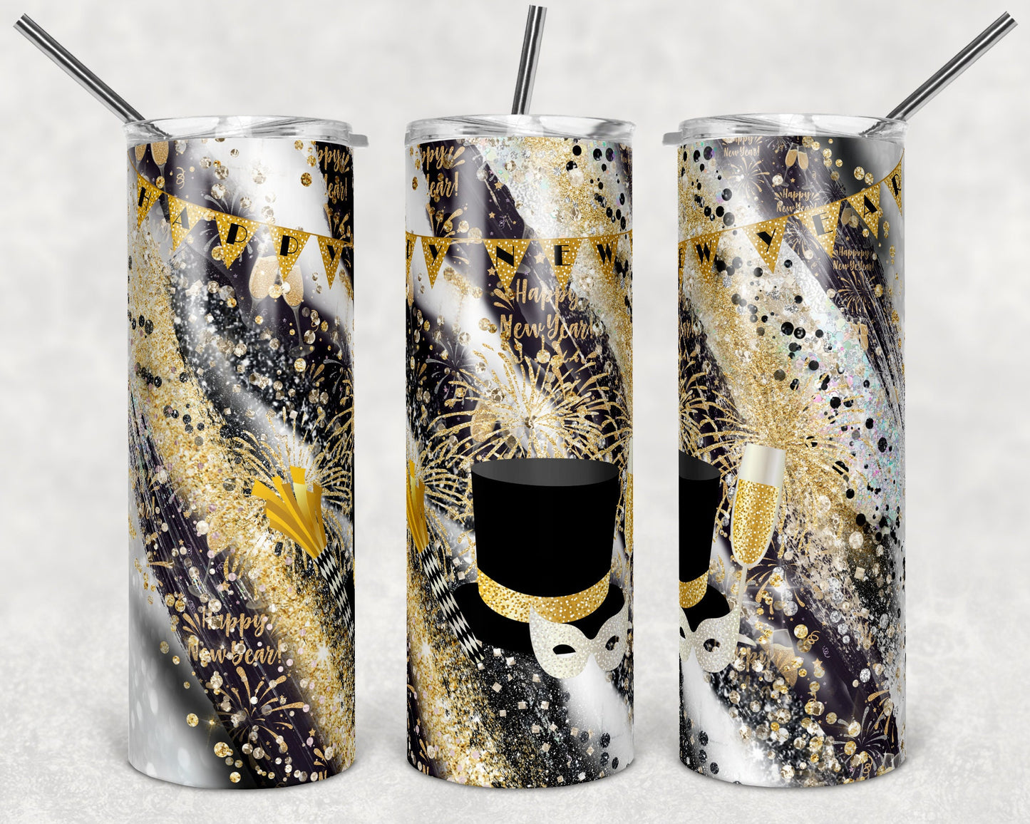 20 oz Skinny Tumbler Sublimation Template Agate Milky Way Glitter Gold Black New Years Straight Design