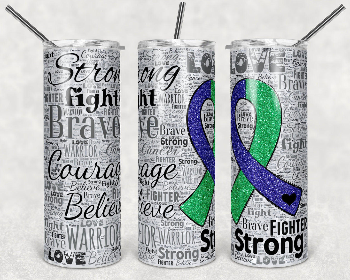 20 oz Skinny Tumbler Sublimation Awareness Ribbon Word Half Blue Half Green Glitter Straight Design tumblers