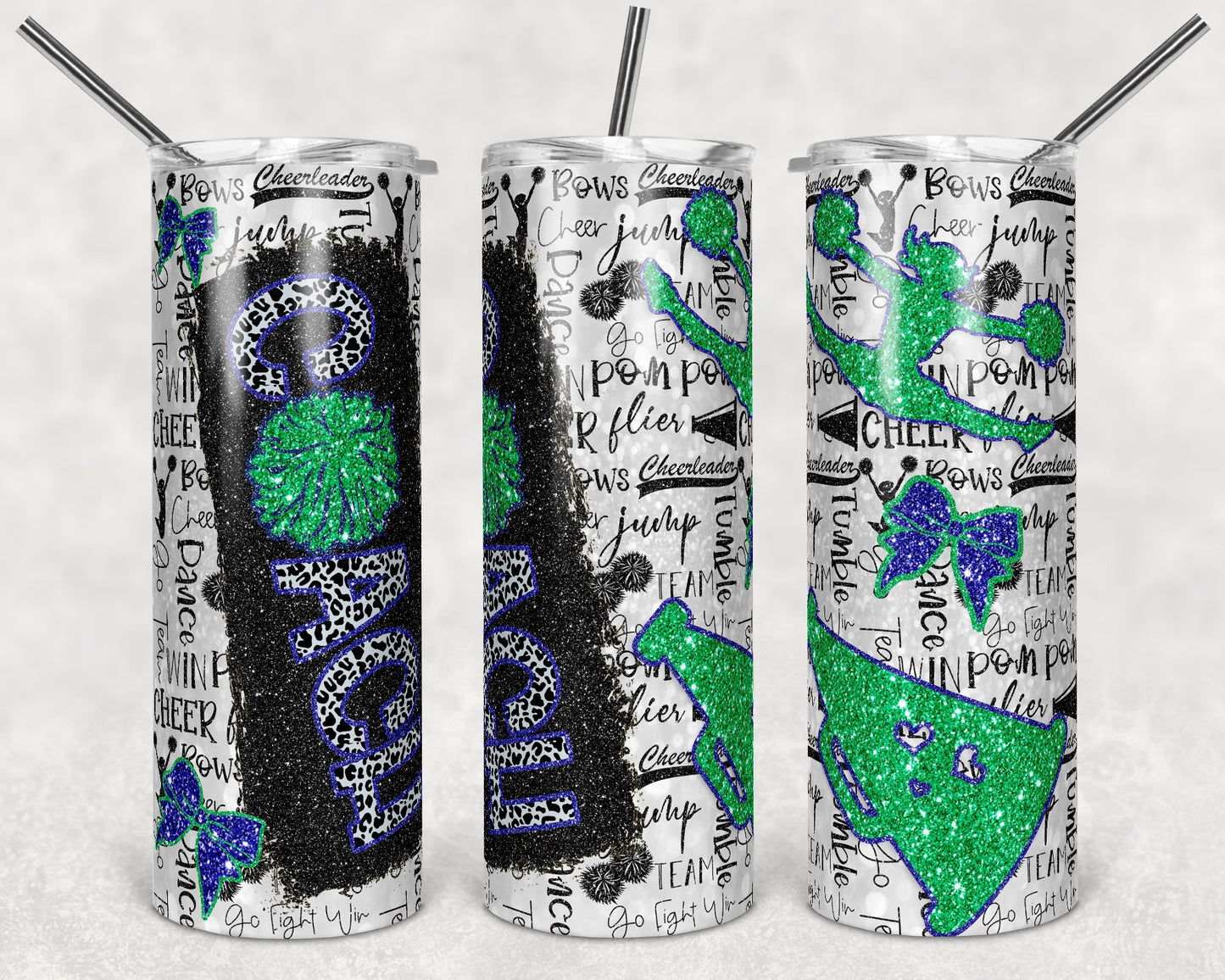 20 oz Skinny Tumbler Cheer Coach Blue Green Glitter Leopard and Black Sublimation Design