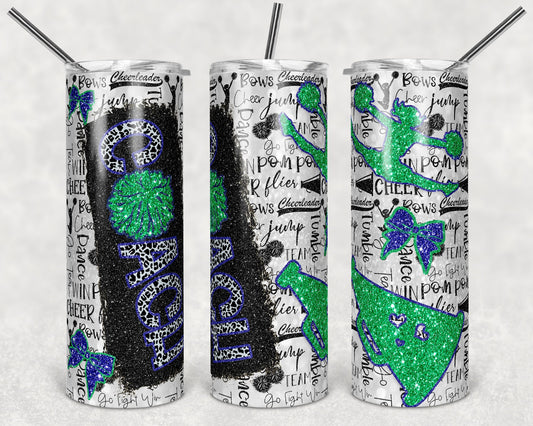 20 oz Skinny Tumbler Cheer Coach Blue Green Glitter Leopard and Black Sublimation Design