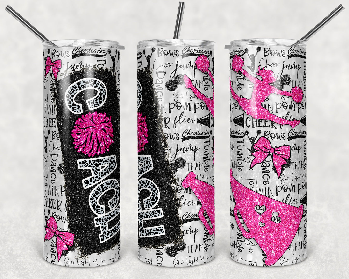 20 oz Skinny Tumbler Cheer Coach Pink Glitter Leopard and Black Sublimation Design