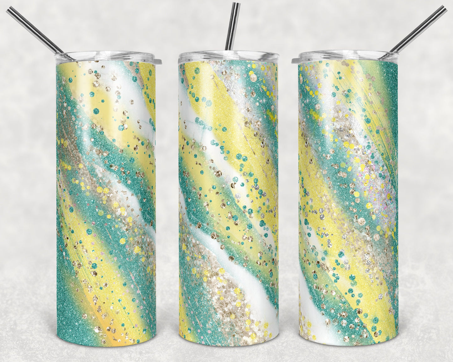 20 oz Skinny Tumbler Sublimation Template Agate Milky Way Glitter Teal Yellow Straight Design tumblers