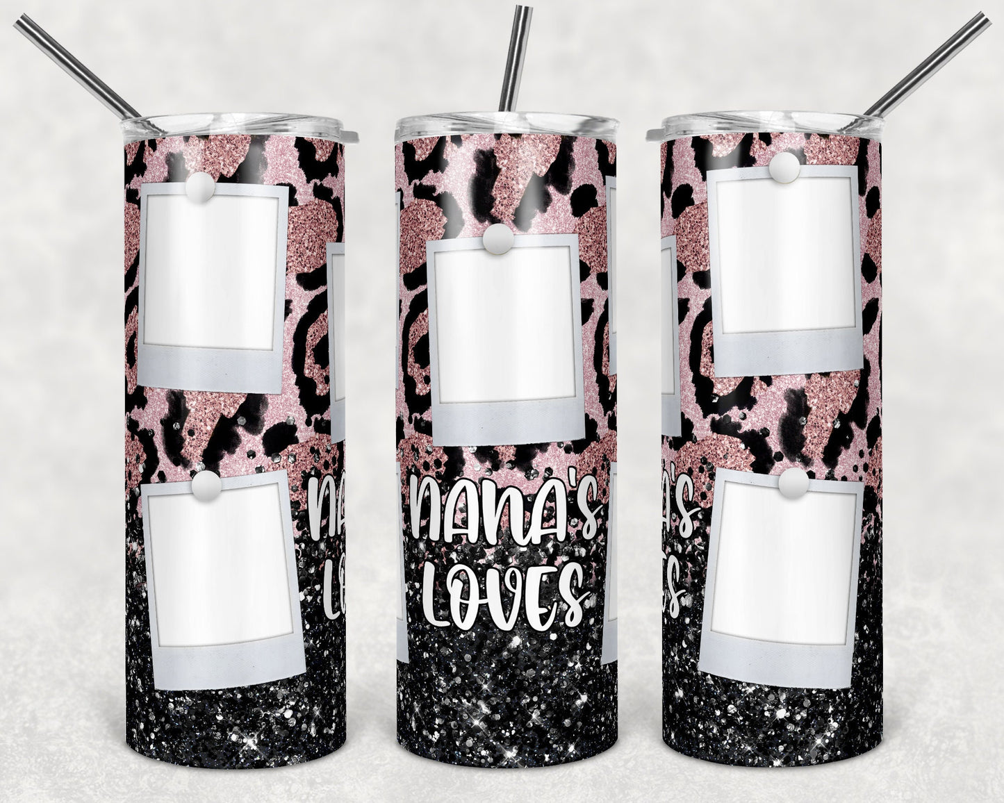 20 oz Skinny Tumbler Pink Balck Leopard Glitter 5 Photo Picture Sublimation Design Nanas loves blank