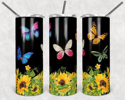 20 oz Skinny Tumbler Butterflies and Sunflowers Sublimation Design Print Transfer