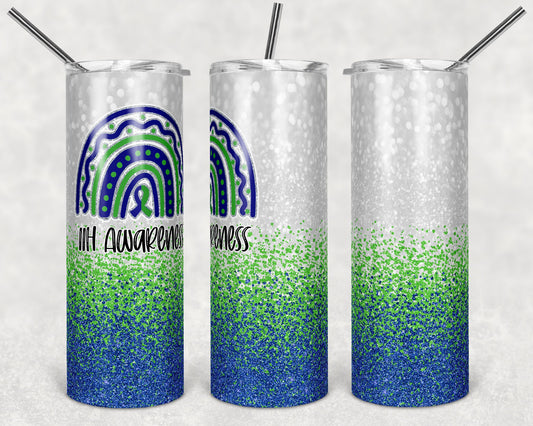 20 oz Skinny Tumbler Sublimation Glitter Blue Green IHH Awareness Straight Design