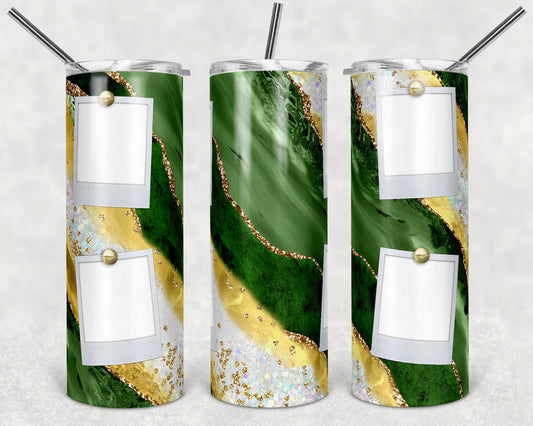 20 oz Skinny Tumbler Sublimation Template Agate Milky Way Green Gold Yellow Straight 4 photo frames picture Design