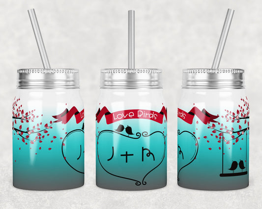 17 oz Mason Jar Tumbler Sublimation Design Template Valentine Love Birds Mason Jar Teal Bg Design Instant