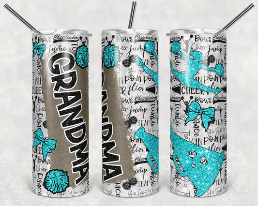 20 oz Skinny Tumbler Cheer Grandma Glitter Teal and Black Sublimation Design Print Transfer
