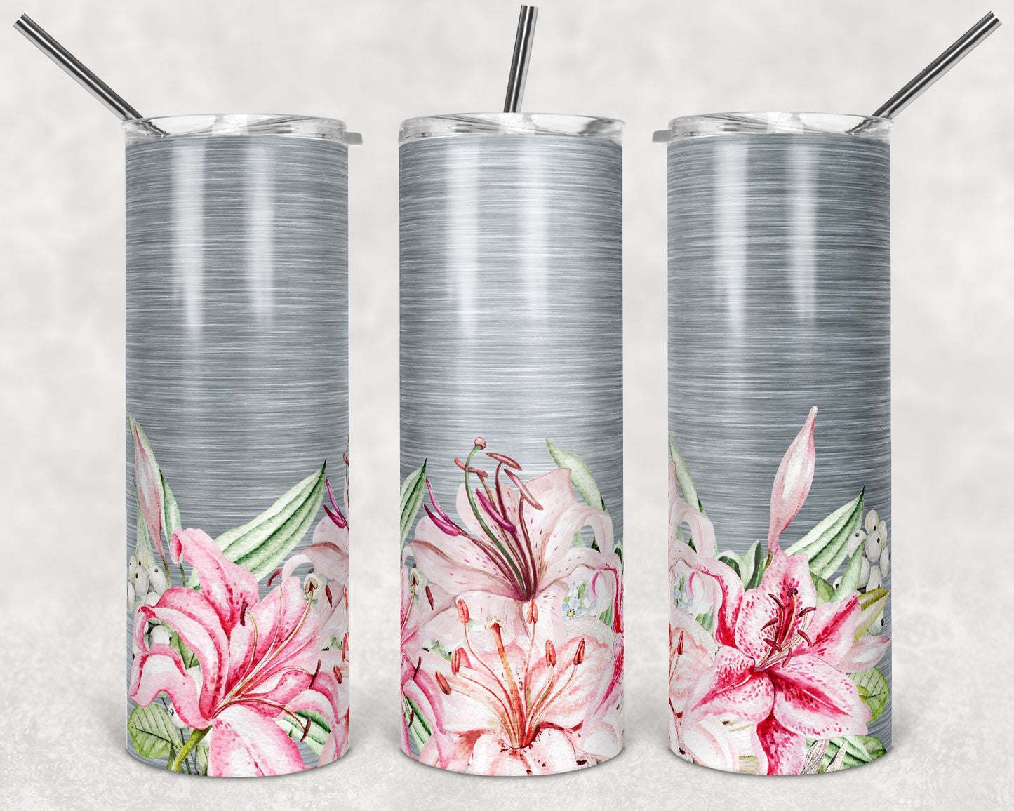 20 oz Skinny Tumbler Brushed metal and stargazer lillies Floral Sublimation Design Flower Tumbler