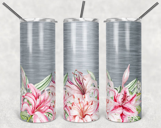 20 oz Skinny Tumbler Brushed metal and stargazer lillies Floral Sublimation Design Flower Tumbler