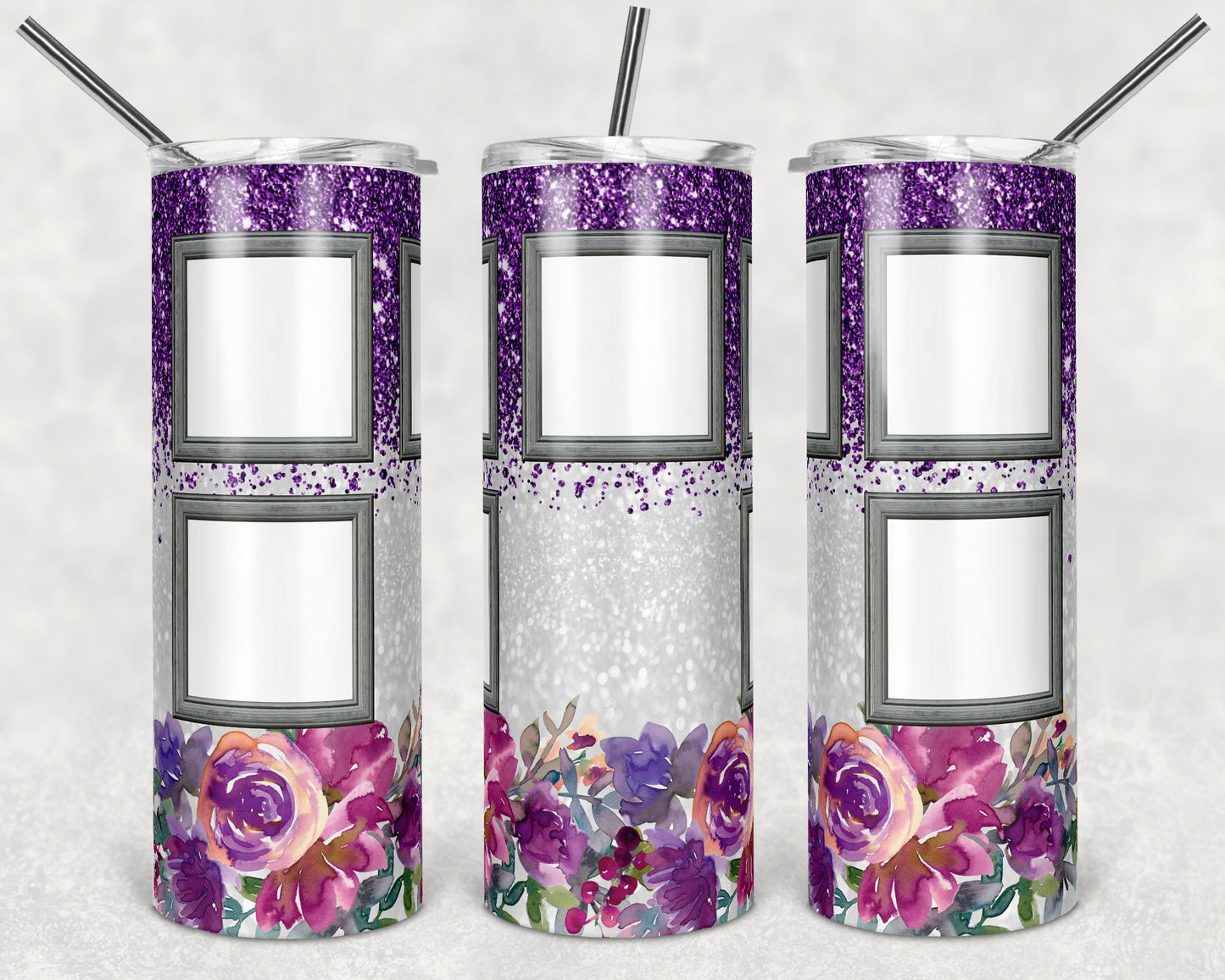 20 oz Skinny Tumbler Sublimation Design Template Floral Purple Glitter Design 5 Frames Photo Inst tumblers