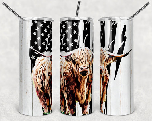 20 oz Skinny Tumbler Sublimation Flag Highland Cow Rustic Wood Design