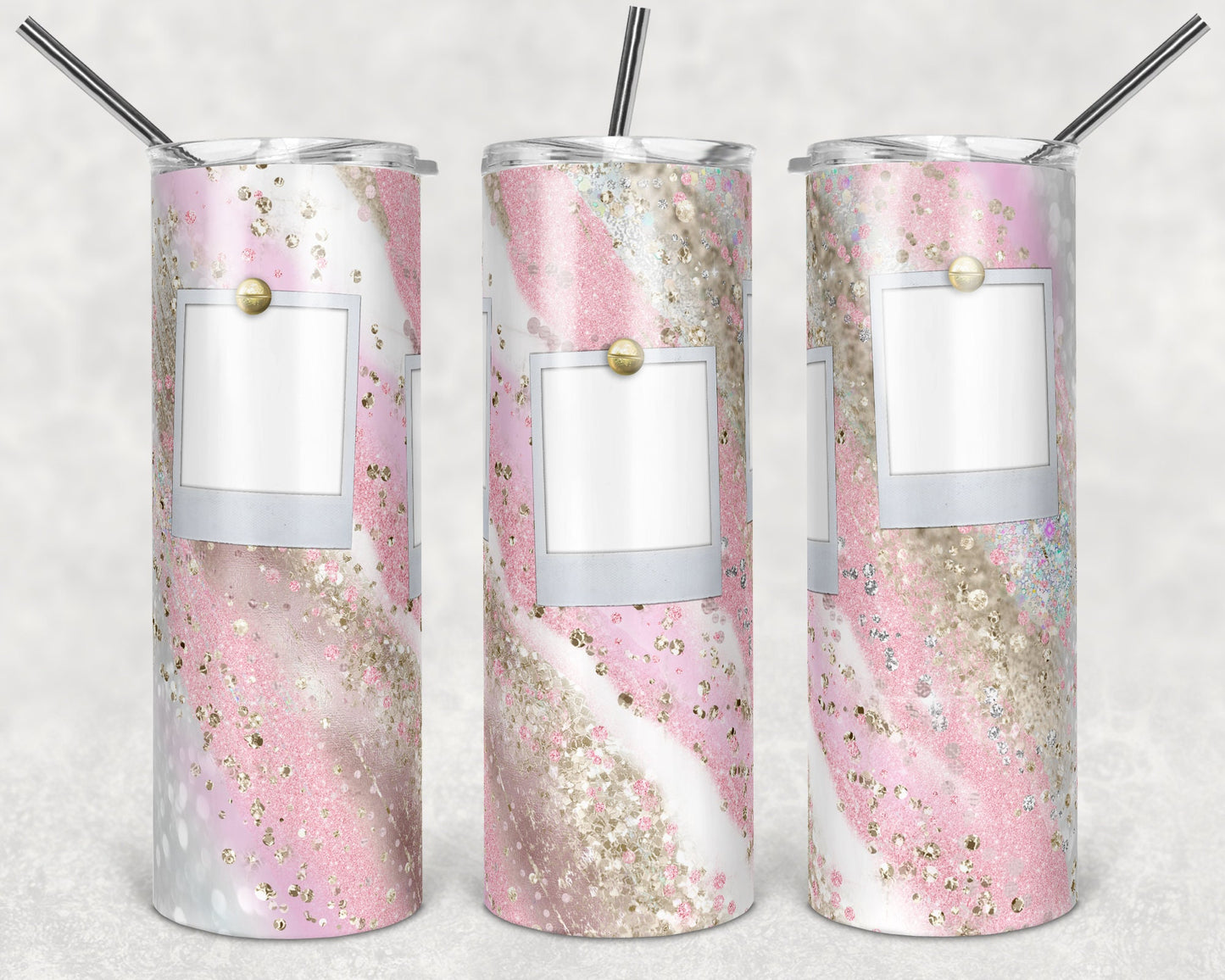 20 oz Skinny Tumbler Pink Milky way with 3 photo Frames Gold and Blush Pink Sublimation Design