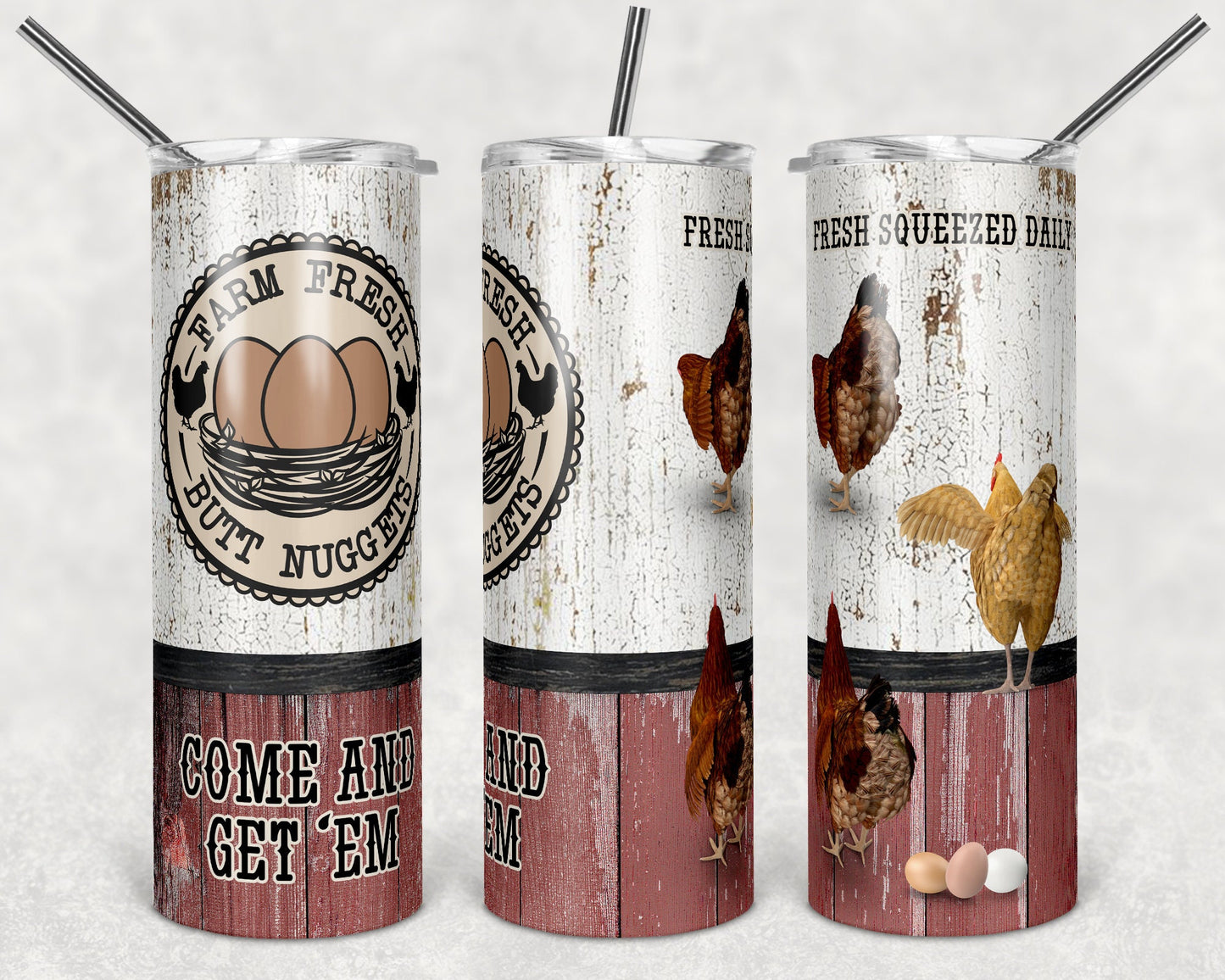 20 oz Skinny Tumbler Chicken Farm Fresh Butt Nuggets Sublimation Design Print Transfer