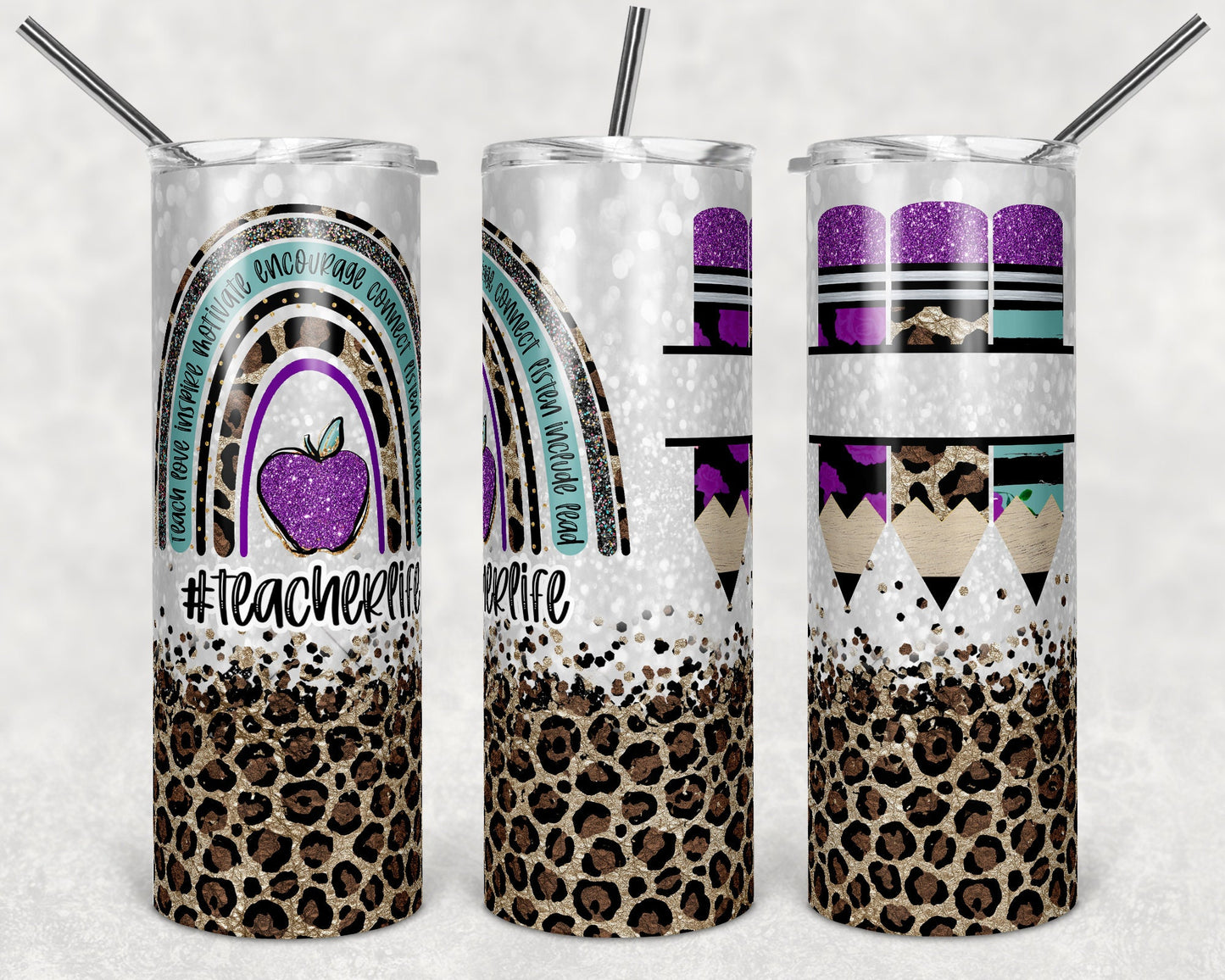 20 oz Skinny Tumbler Rainbow Leopard Glitter Teacher Purple Tumbler Pencil Monogram Teacher Life Sublimation Design