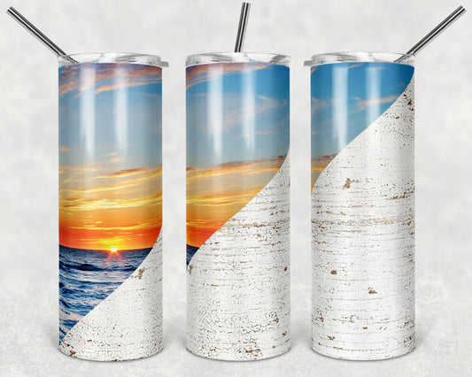 20 oz Skinny Tumbler Half Sunset Half Distressed Wood Sublimation Design Print Transfer
