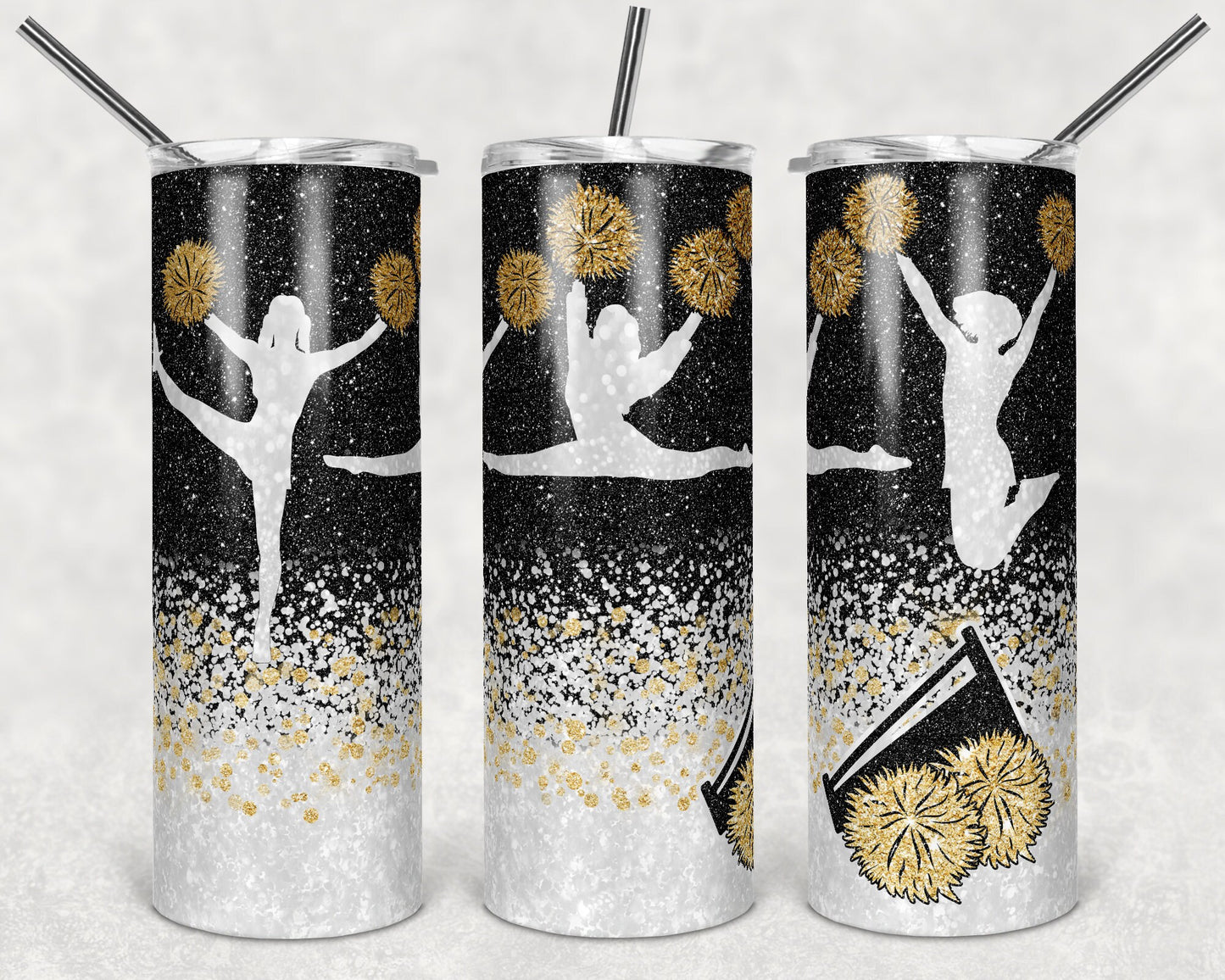 20 oz Skinny Tumbler Cheer Black and Gold Glitter Cheer Cheerleading Sublimation Design