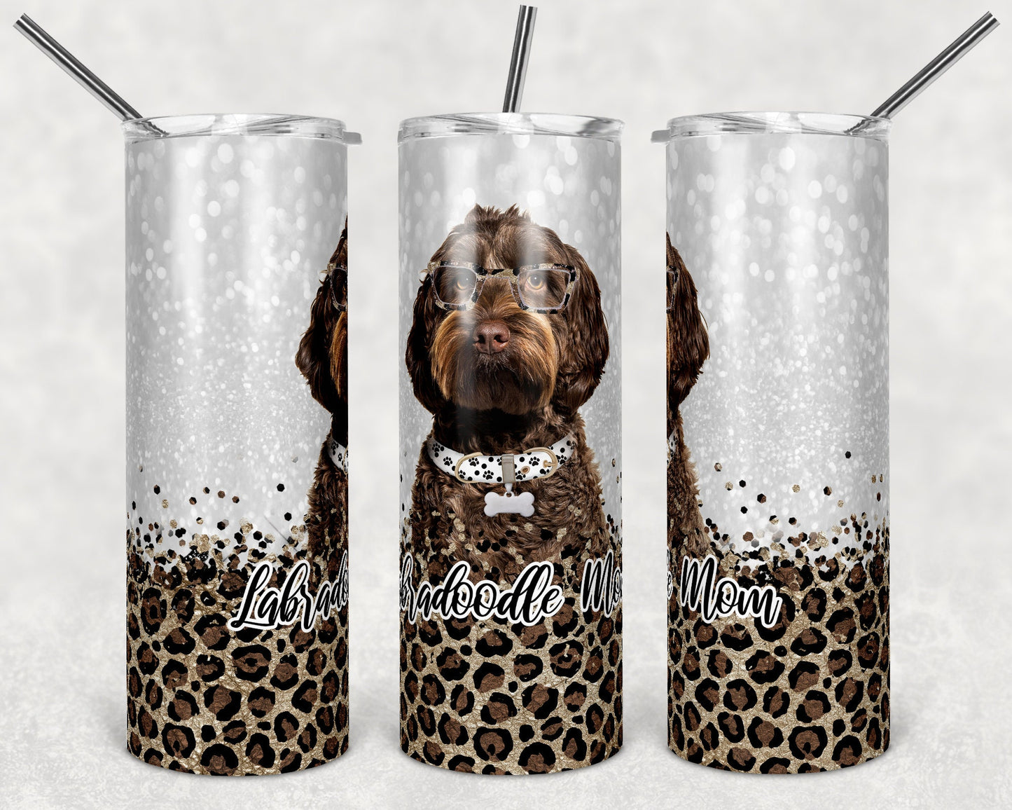 20 oz Skinny Tumbler Sublimation Labradoodle Dog Mom Glitter and Leopard Template Straight