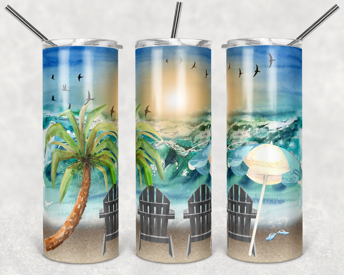20 oz Skinny Tumbler Beach Chairs Beach Day Ocean tumbler Sublimation Design