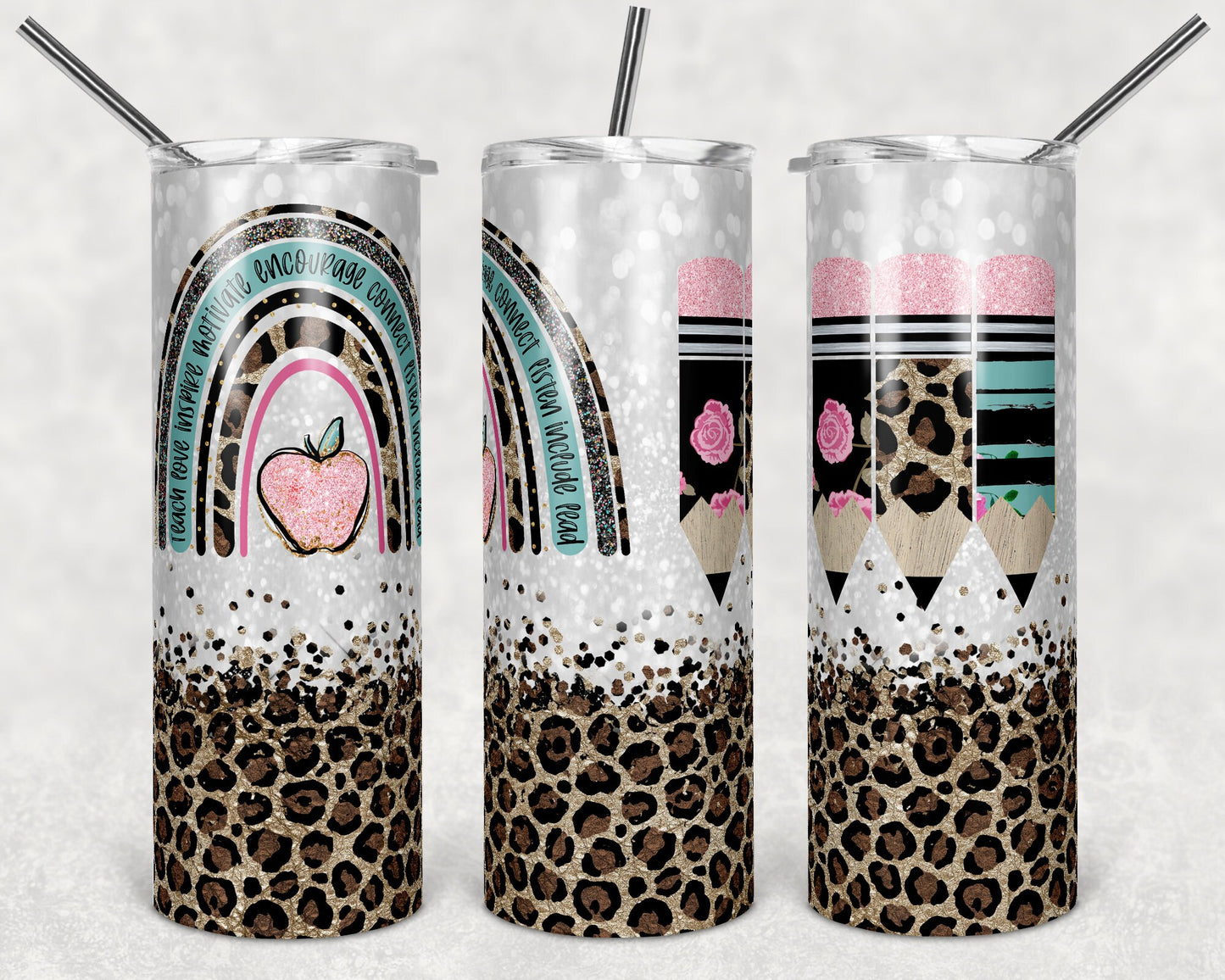 20 oz Skinny Tumbler Rainbow Leopard Glitter School Tumbler Full Pencils blank to personalize Sublimation Design