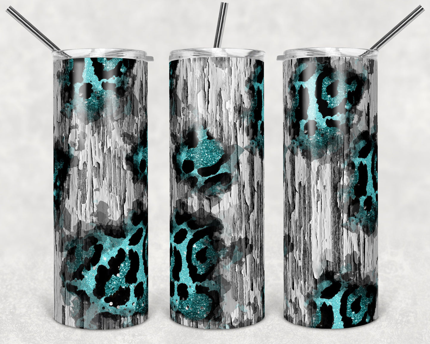 20 oz Skinny Tumbler Design Chipped Wood Glitter Leopard Background Sublimation Design