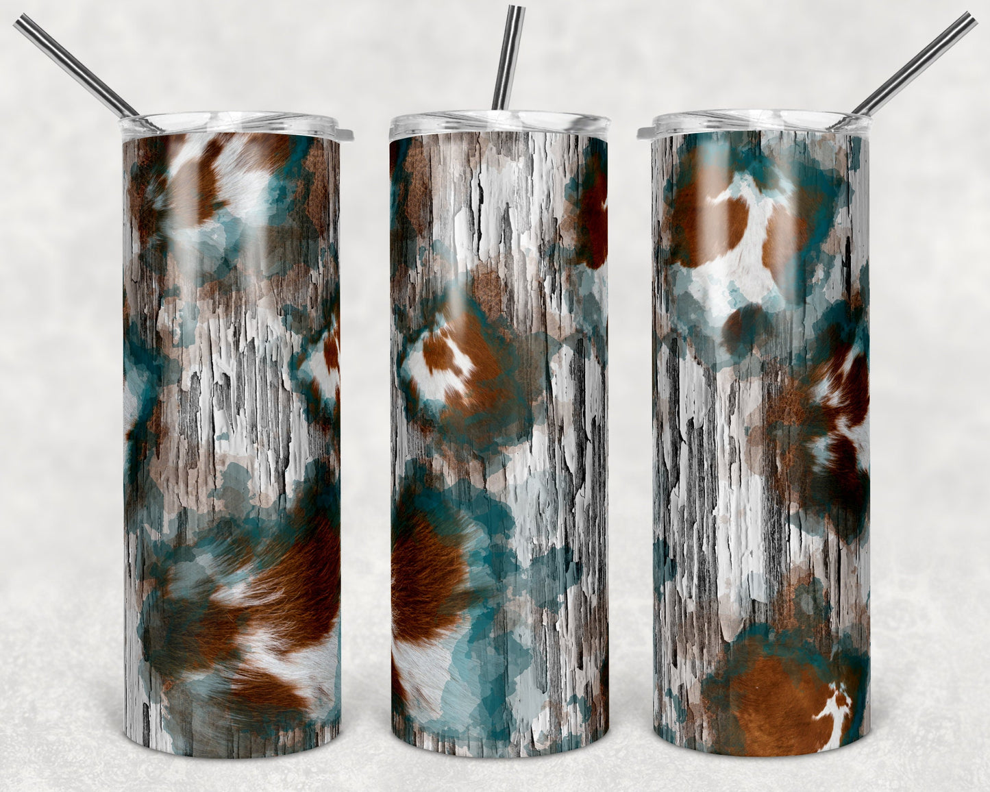 20 oz Skinny Tumbler Design Chipped Wood Cow Hide Background Sublimation Design