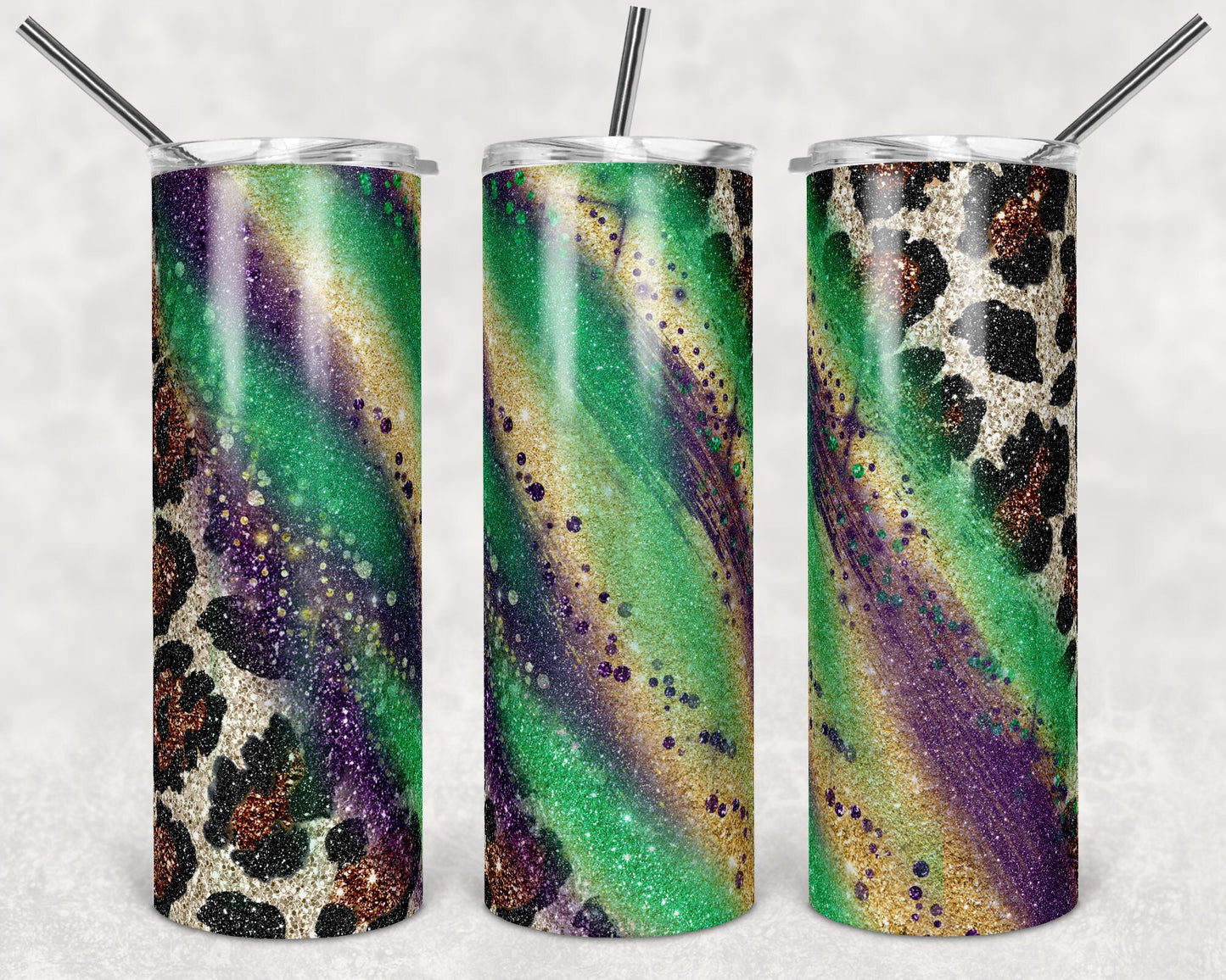 20 oz Skinny Tumbler Sublimation Template stripe Leopard Milky Way Glitter Mardi Gras Mardigras Straight Design