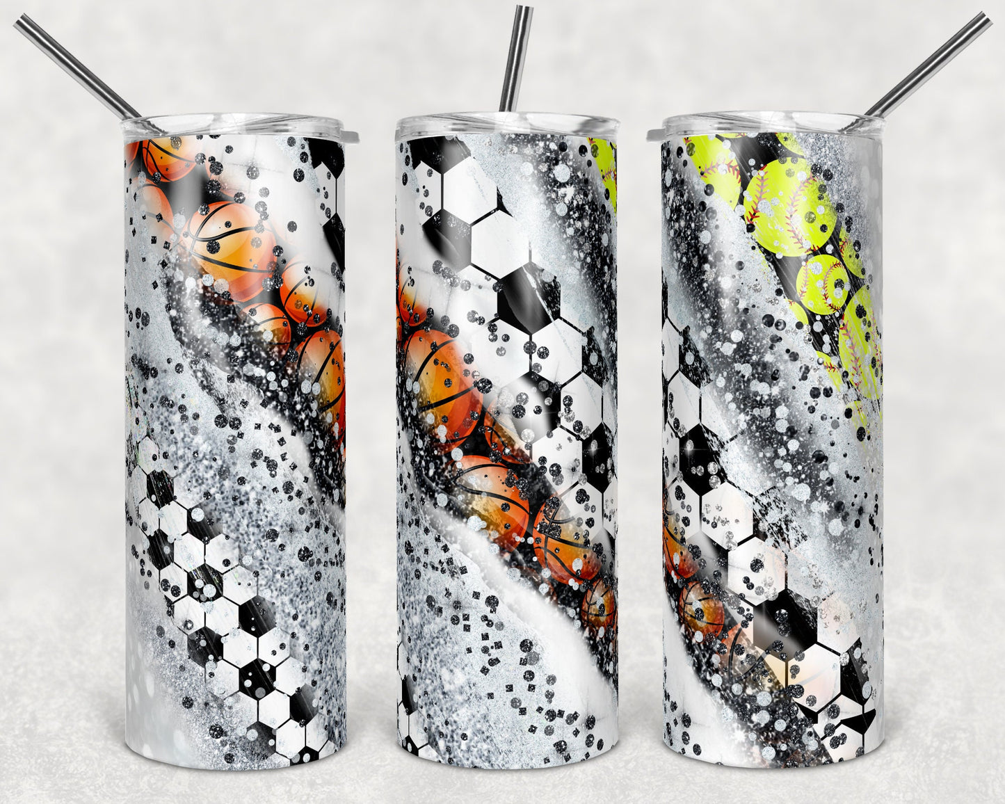 20 oz Skinny Tumbler Sublimation Template Milky Way Glitter Spo Soccer basketball softball Design