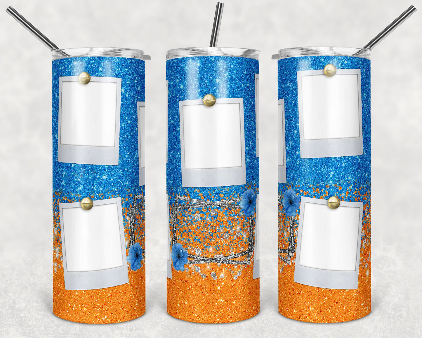 20 oz Skinny Tumbler Blue Orange Glitter 5 Photo Picture Sublimation Design Tumbler Design