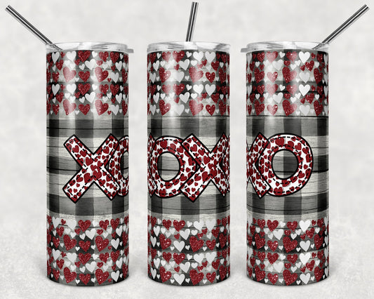 20 oz Skinny Tumbler Sublimation Template Valentine Plaid Heart XOXO glitter straight Design