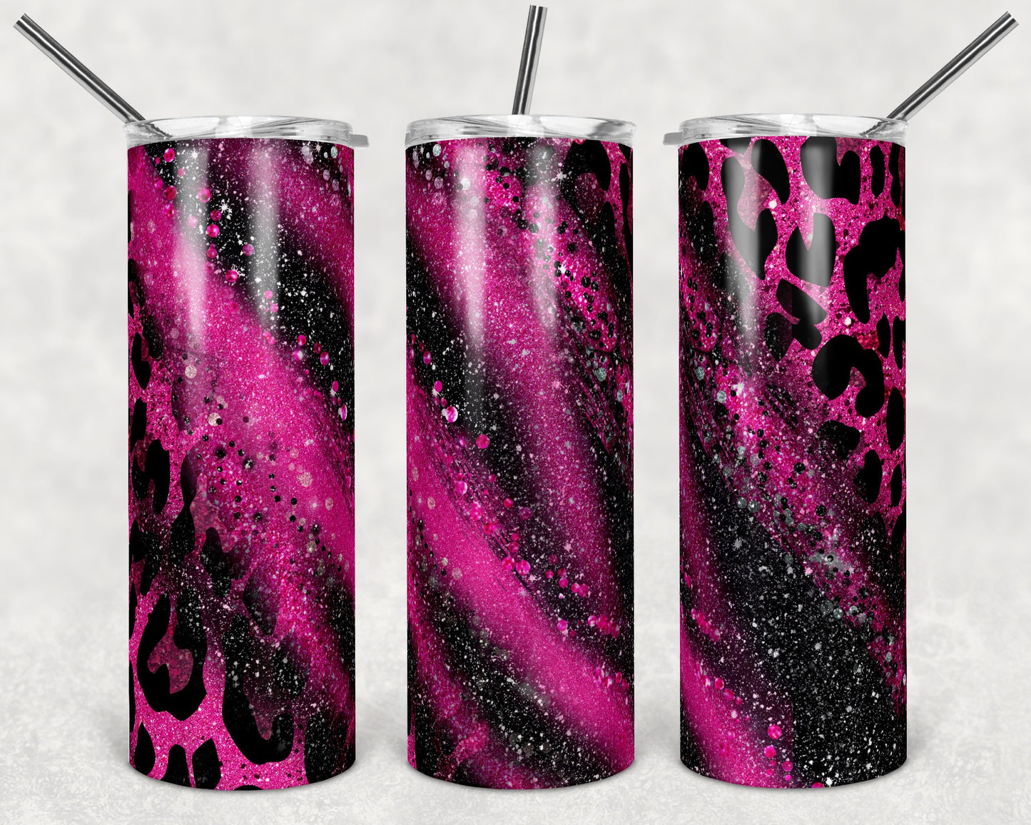 20 oz Skinny Tumbler Sublimation Template stripe Leopard Milky Way Glitter Hot pink black Straight Design