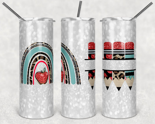 20 oz Skinny Tumbler Rainbow Leopard Glitter Teacher Tumbler Red Pencil Monogram No Words Sublimation Design