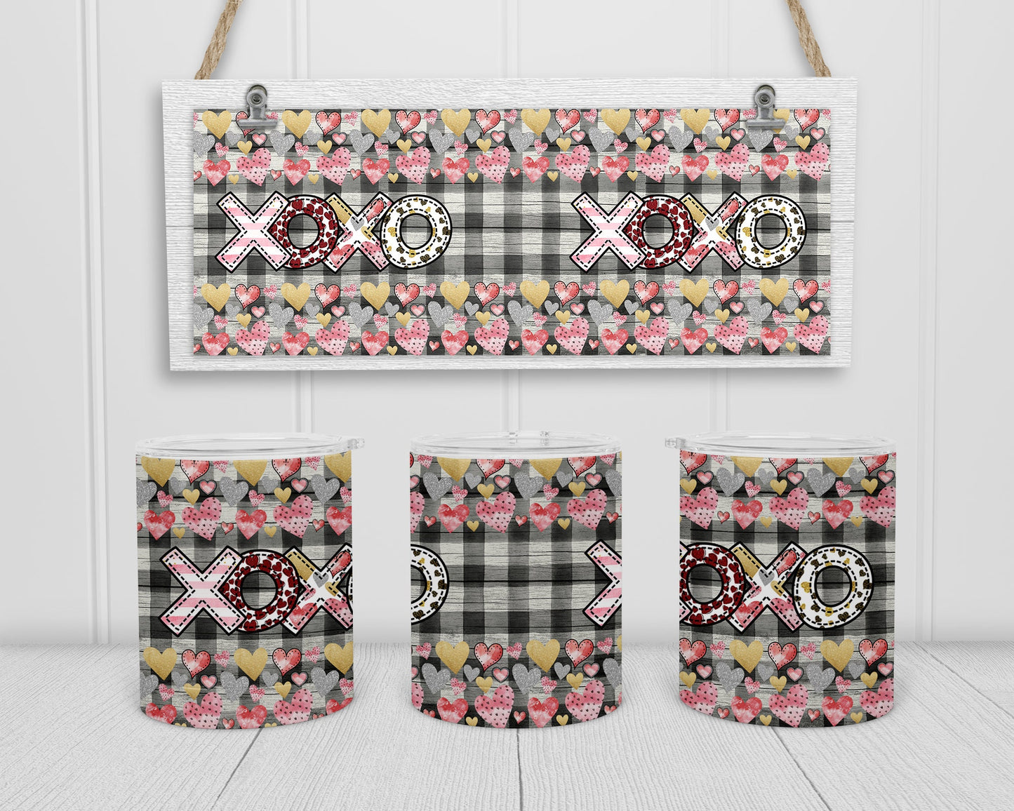 Sublimation Camp Cup Lowball Mug Sublimation Design xoxo Pink Hea Plaid background