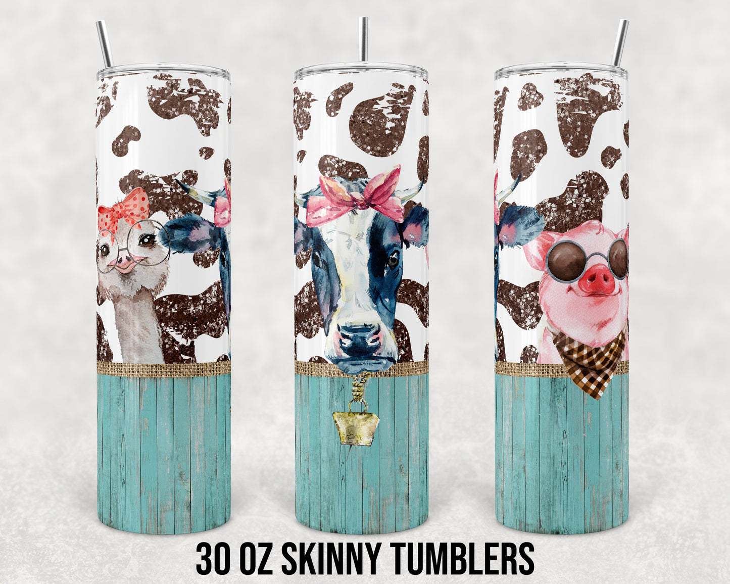 30 oz Skinny Tumbler Sublimation Design Template Farm Animals Cow Ostrich Pig Straight