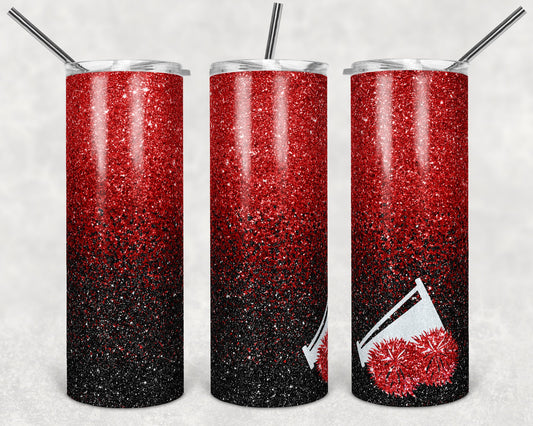 20 oz Skinny Tumbler Cheer Blank for Name Glitter red black megaphone pom poms Sublimation Design
