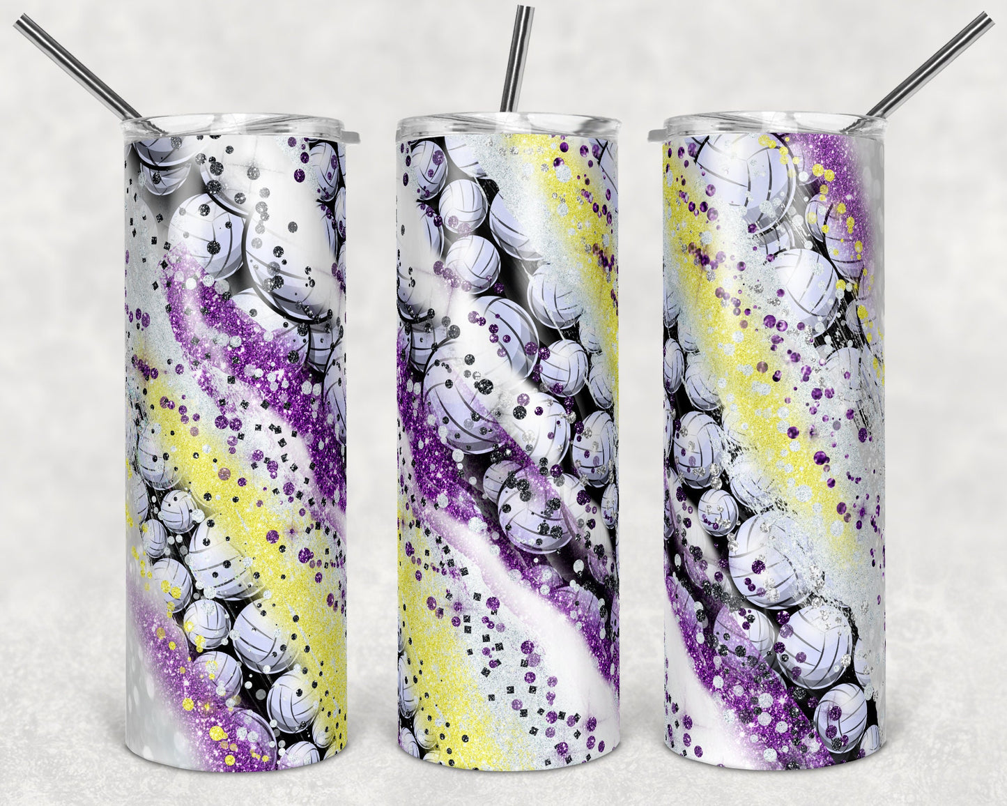 20 oz Skinny Tumbler Sublimation Template Milky Way Glitter Spo Volleyball Purple Yellow Straight Design tumblers