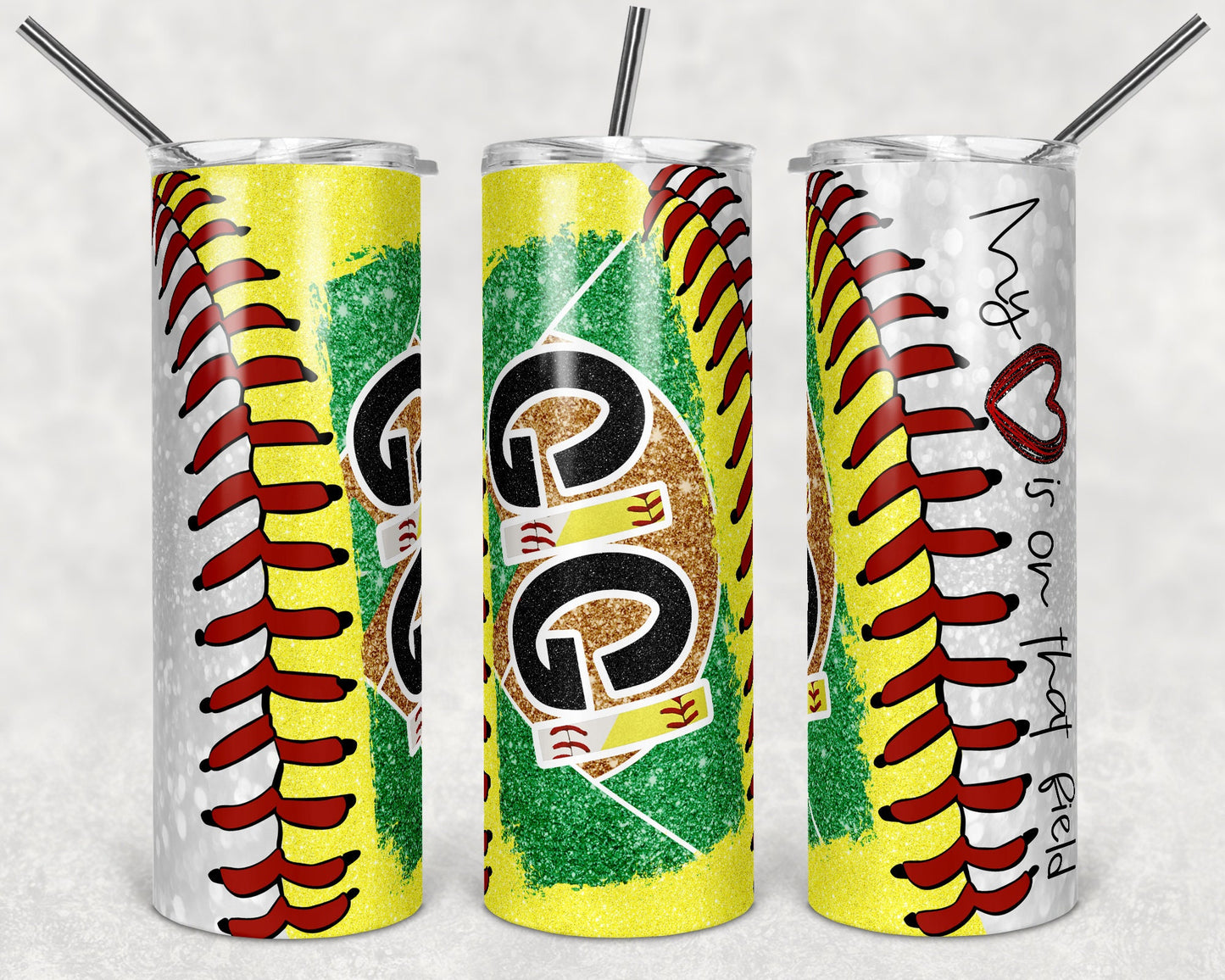 20 oz Skinny Tumbler Softball Baseball Gigi Glitter Heart on Field Laces Sublimation Design