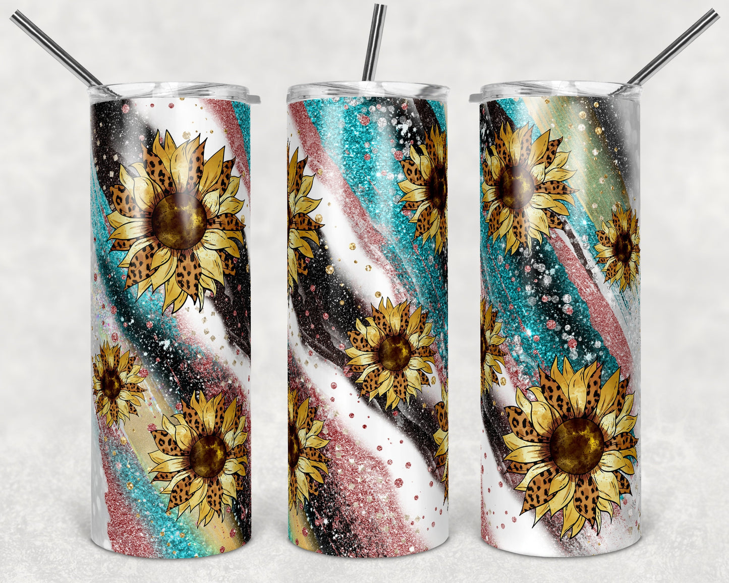 20 oz Skinny Tumbler Sublimation Milky Way Sunflower Brown Rose Gold Teal Glitter Straight Design