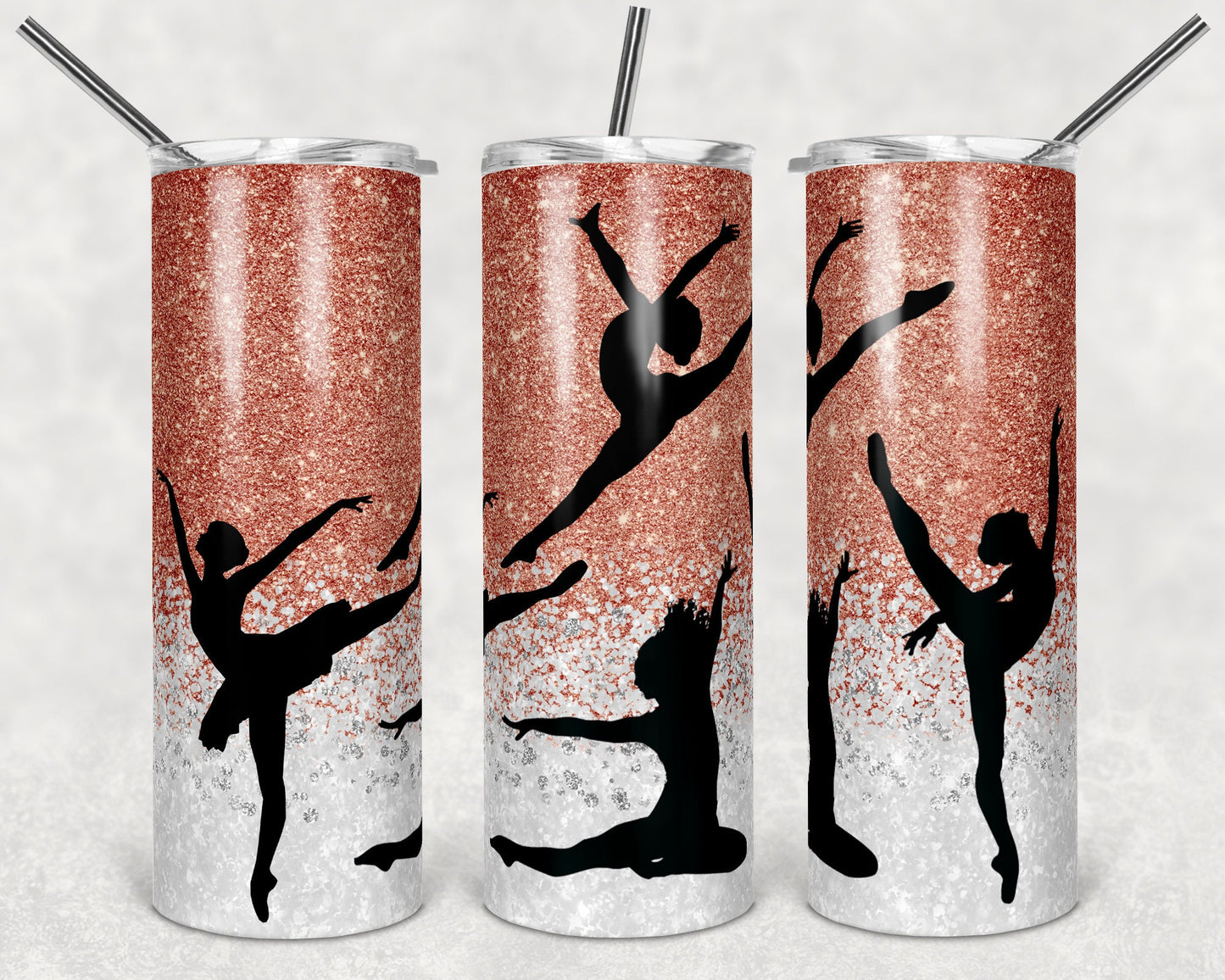 20 oz Skinny Tumbler Rose Gold Glitter Dance Dancing Dance Sublimation Design Straight