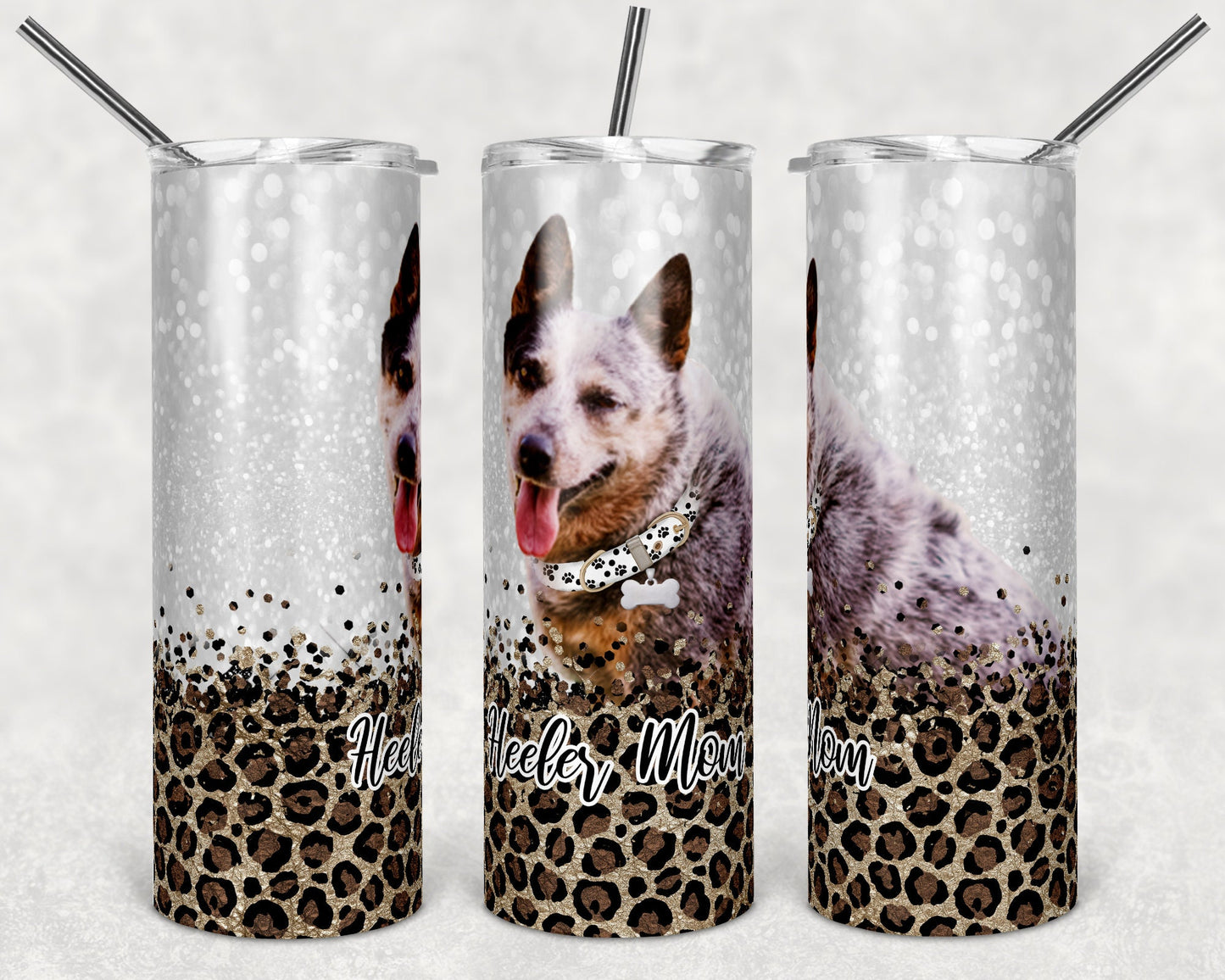 20 oz Skinny Tumbler Sublimation Blue Heeler Dog Mom Glitter and Leopard Template Straight Warped