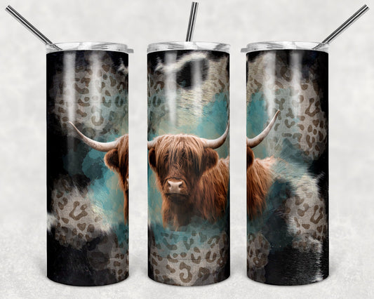 20 oz Skinny Tumbler Design Cow Hide Highland Cow Leopard Background Sublimation Design