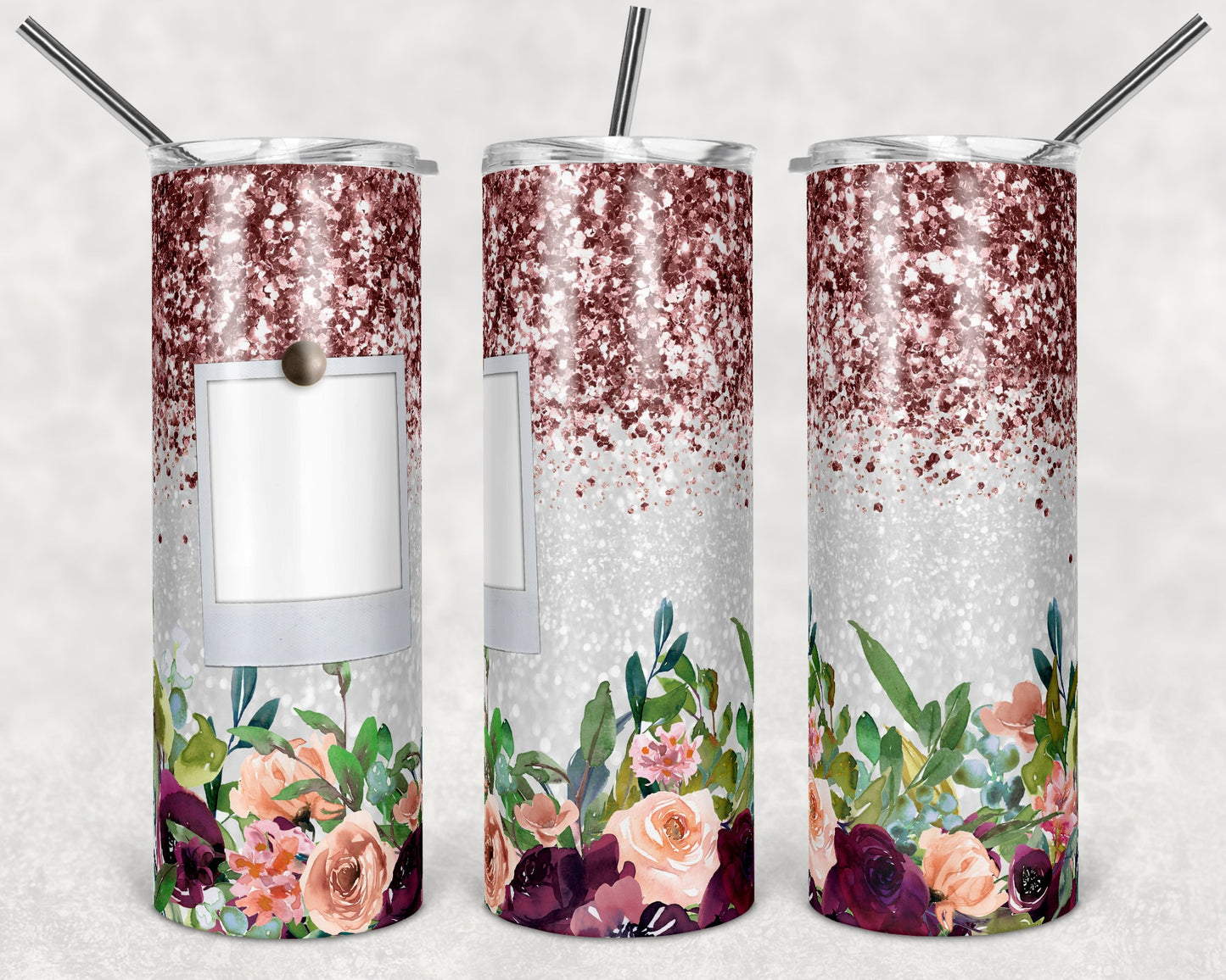 20 oz Skinny Tumbler Sublimation Design Template Maroon Floral Rose Gold Glitter Design 1 Frame Photo Inst