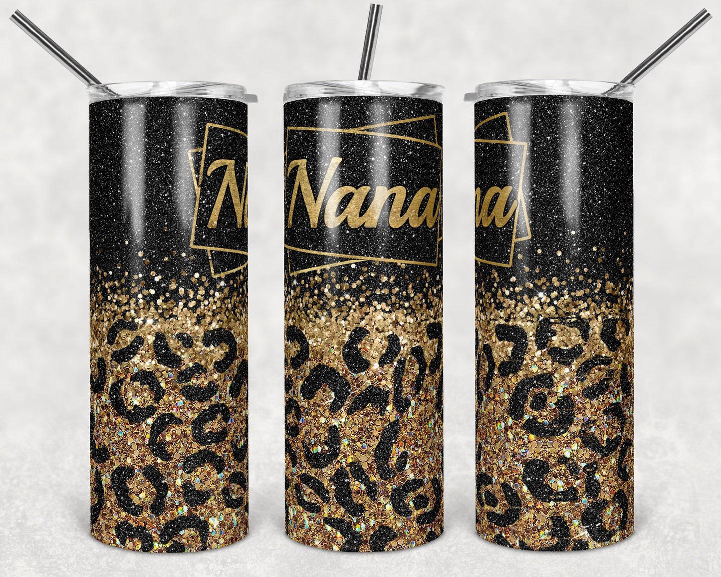 20 oz Skinny Tumbler Nana Leopard Gold Black Glitter Sublimation Design Print Transfer