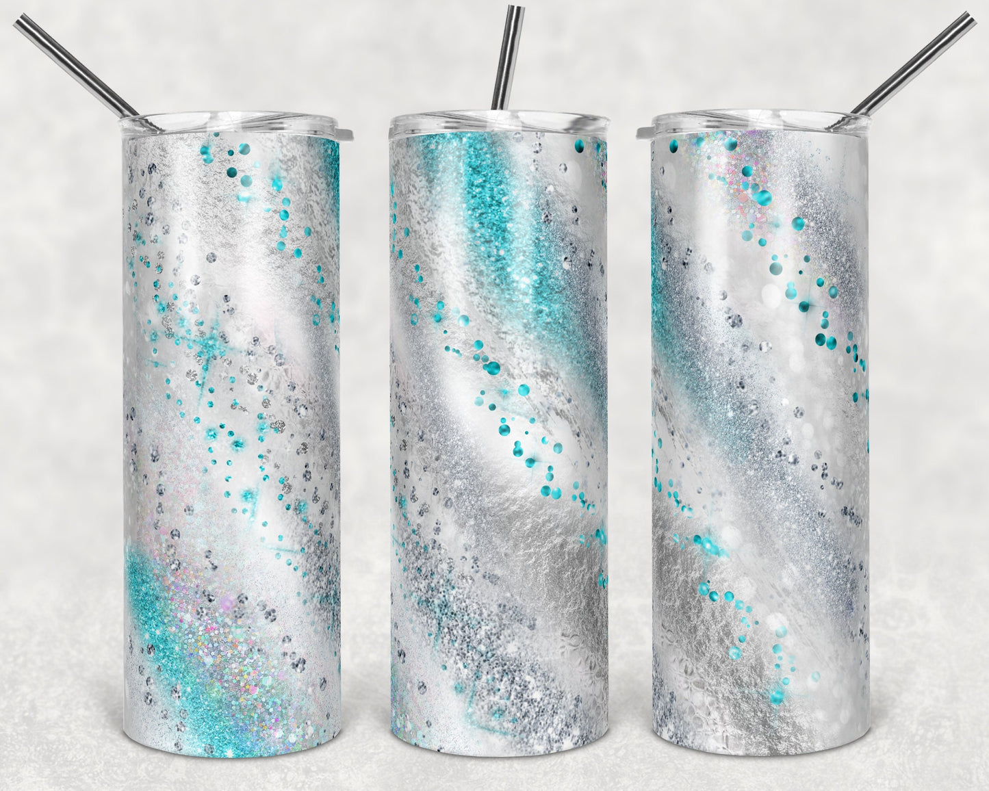 20 oz Skinny Tumbler Sublimation Template Agate Milky Way Silver Gray Teal White Straight Design