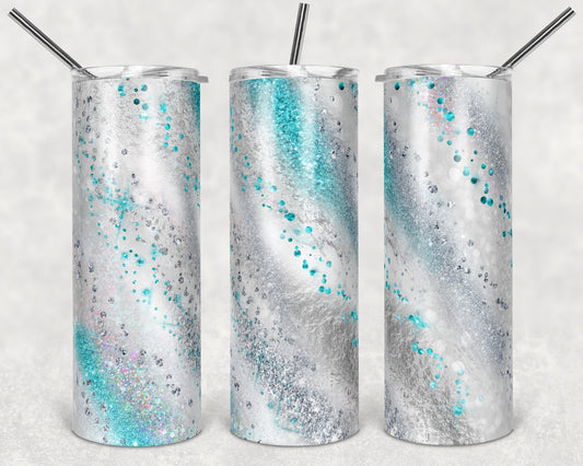 20 oz Skinny Tumbler Sublimation Template Agate Milky Way Silver Gray Teal White Straight Design